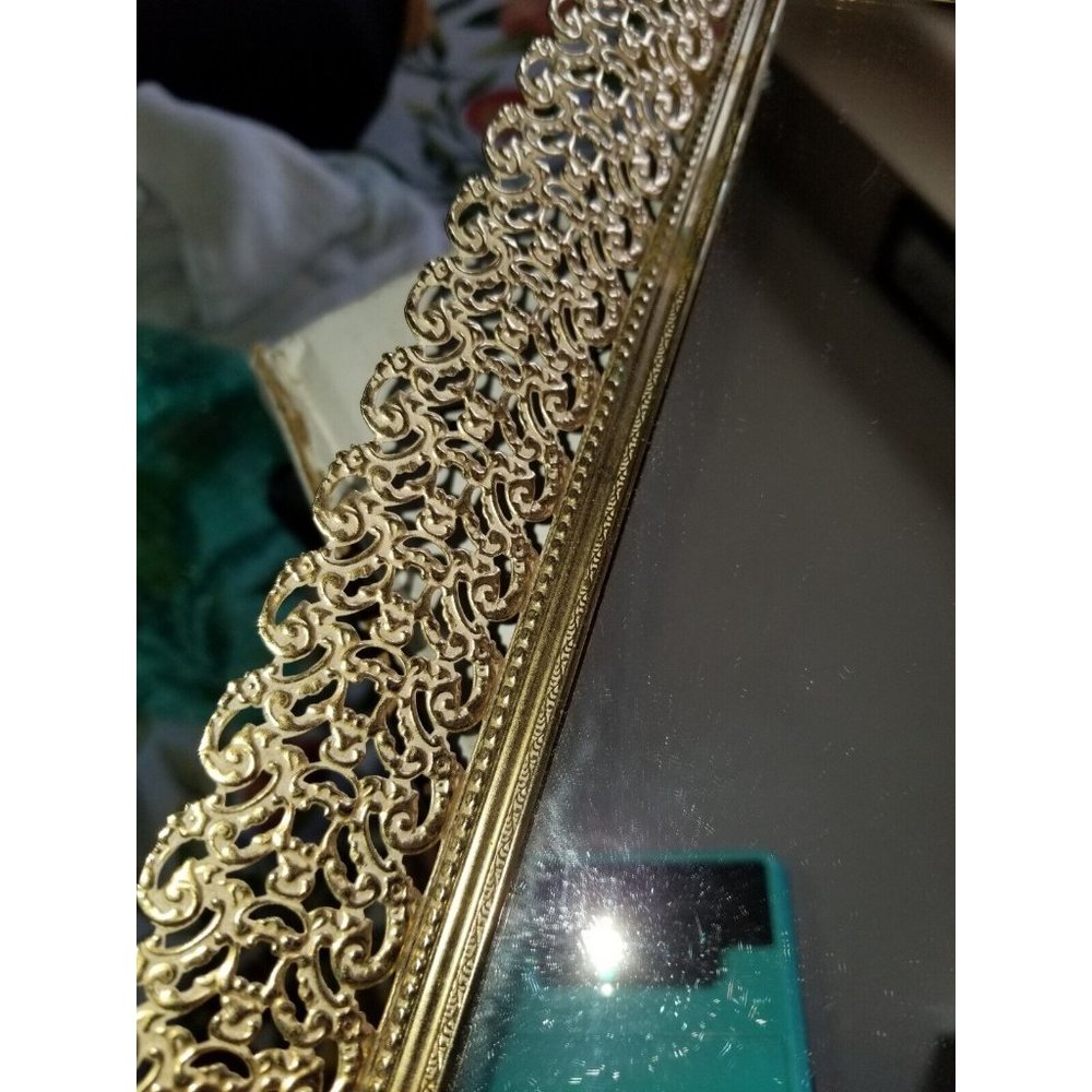 Vanity Dresser Mirror Tray with Filagree Gold Tone Metal Frame Vintage Rectangle - Picture 4 of 11